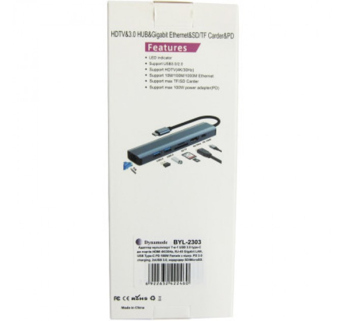 Dynamode Концентратор Dynamode 7-in-1 USB-C to HDTV 4K/30Hz, 2хUSB3.0, RJ45, USB-C PD 100W, SD/MicroSD (BYL-2303)