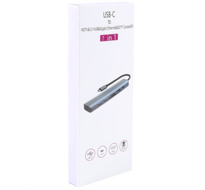Dynamode Концентратор Dynamode 7-in-1 USB-C to HDTV 4K/30Hz, 2хUSB3.0, RJ45, USB-C PD 100W, SD/MicroSD (BYL-2303)