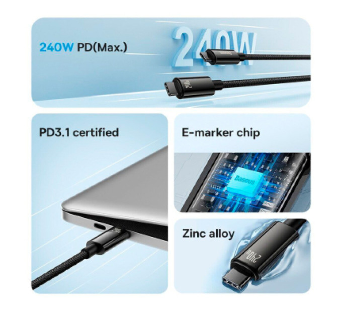 Baseus Дата кабель USB-C to USB-C 2.0m 240W Black Baseus (CAWJ040101)