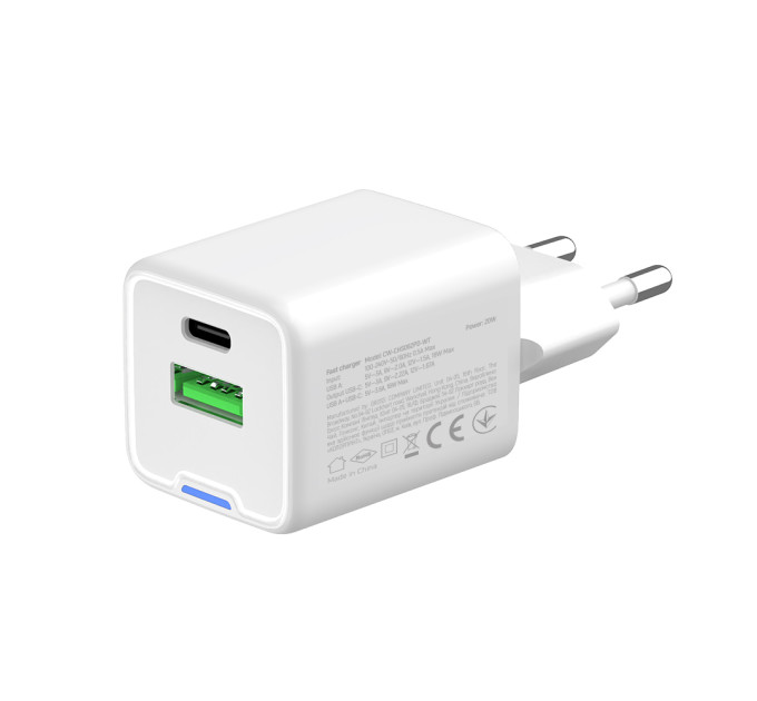 ColorWay Мережевий зарядний пристрій ColorWay GaN Mini 20W PD Port PPS USB (Type-C PD + USB QC4.0) White (CW-CHS062PD-WT)