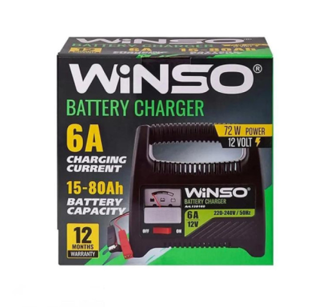 WINSO Зарядний пристрій для автомобільного акумулятора WINSO 12В.Макс. струм підзарядки 6А.Макс.Емн 80Ah (139160)