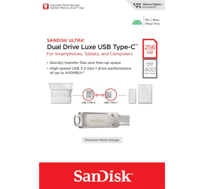 SanDisk USB флеш накопичувач SanDisk 256GB Ultra Dual Drive Luxe USB 3.1 + Type-C (SDDDC4-256G-G46)