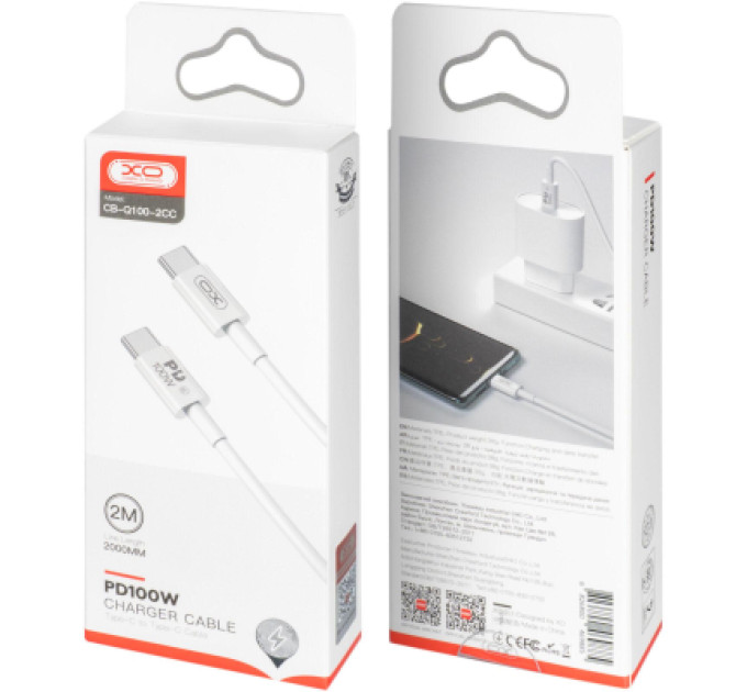 XO Дата кабель USB-C to USB-C 2.0m 100W white XO (CB-Q100-2CC)