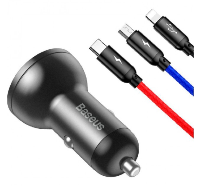 Зарядний пристрій Baseus Digital Display Dual USB 4.8A Car Charger 24W+Three Primary Colors 3-in-1 Cable 1.2m (TZCCBX-0G)