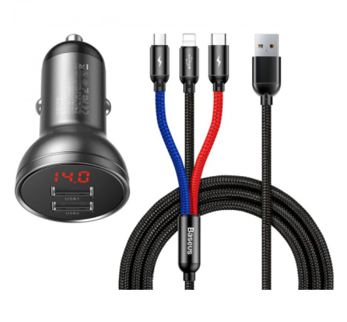Зарядний пристрій Baseus Digital Display Dual USB 4.8A Car Charger 24W+Three Primary Colors 3-in-1 Cable 1.2m (TZCCBX-0G)