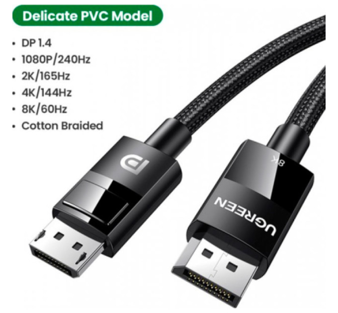 Ugreen Кабель мультимедійний DisplayPort M to DisplayPort M 1.5m V1.4 braided DP114 black Ugreen (80391)