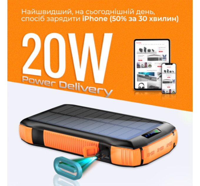 Promate Батарея універсальна Promate 20000mAh PD/20W, QC/3/0, Solar, QI, IP65 (solartank-20pdqi.black)