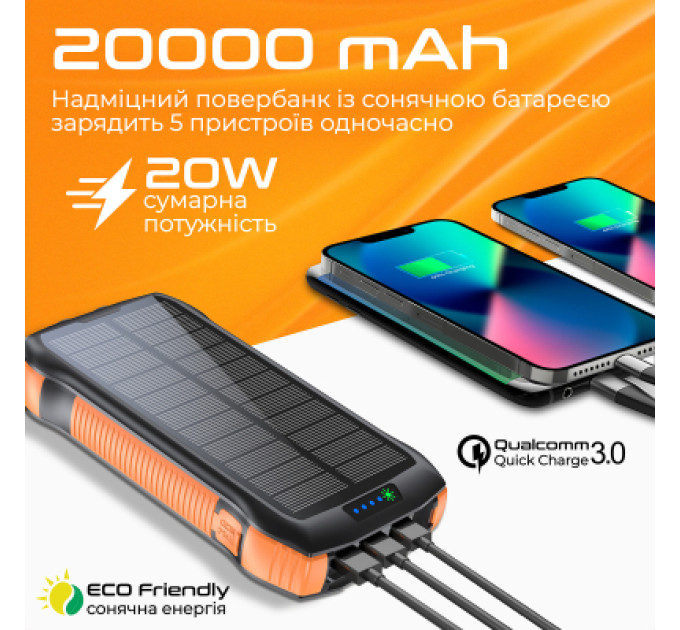 Promate Батарея універсальна Promate 20000mAh PD/20W, QC/3/0, Solar, QI, IP65 (solartank-20pdqi.black)