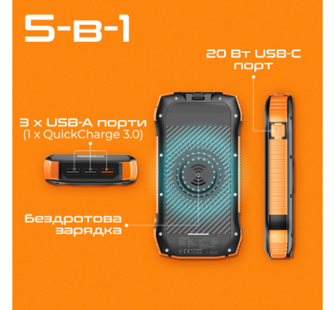 Promate Батарея універсальна Promate 20000mAh PD/20W, QC/3/0, Solar, QI, IP65 (solartank-20pdqi.black)