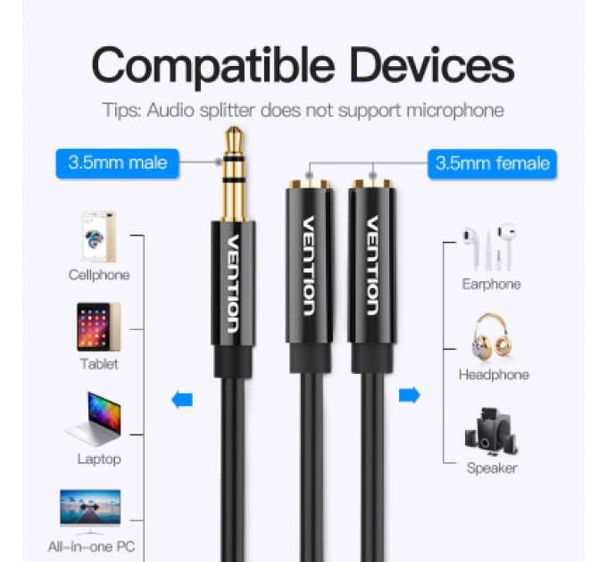 Кабель мультимедійний Jack 3.5mm M to 2X 3.5mm F Stereo Splitter Vention (BBSBY)