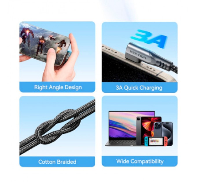 Дата кабель USB-C to USB-C 0.5m USB2.0 60W (20V/3A) angle 90° Gray Aluminum Alloy Vention (TRAHD)