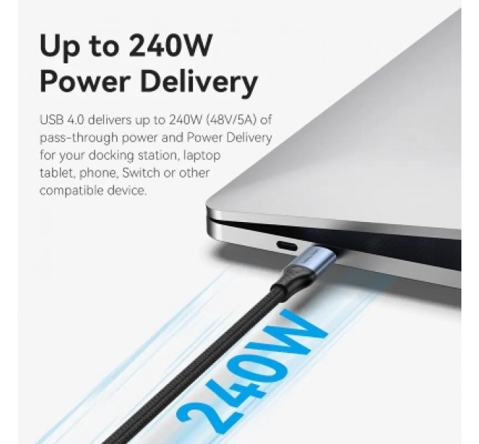 Дата кабель USB-C to USB-C 1.0m USB4.0 240W (50V/5A) 8K60Hz Thunderbolt 4 Gray Aluminum Alloy Vention (TAVHF)