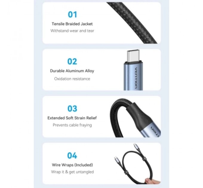 Дата кабель USB-C to USB-C 1.0m USB4.0 240W (50V/5A) 8K60Hz Thunderbolt 4 Gray Aluminum Alloy Vention (TAVHF)