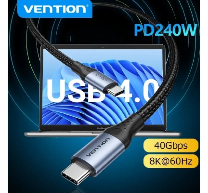 Дата кабель USB-C to USB-C 1.0m USB4.0 240W (50V/5A) 8K60Hz Thunderbolt 4 Gray Aluminum Alloy Vention (TAVHF)
