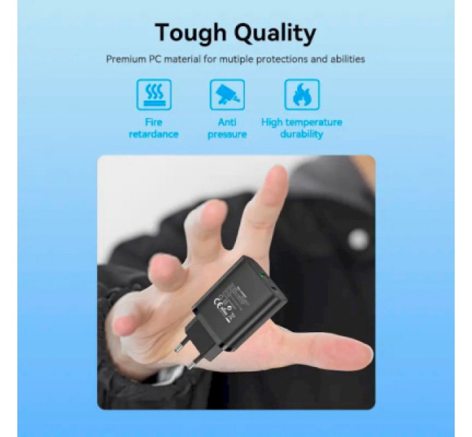 Зарядний пристрій Vention 2xUSB 38W (USB-C+USB-A) PD+QC3.0 black (FBIB0-EU)