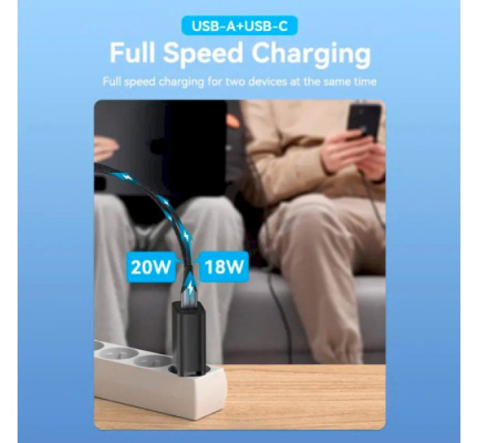 Зарядний пристрій Vention 2xUSB 38W (USB-C+USB-A) PD+QC3.0 black (FBIB0-EU)