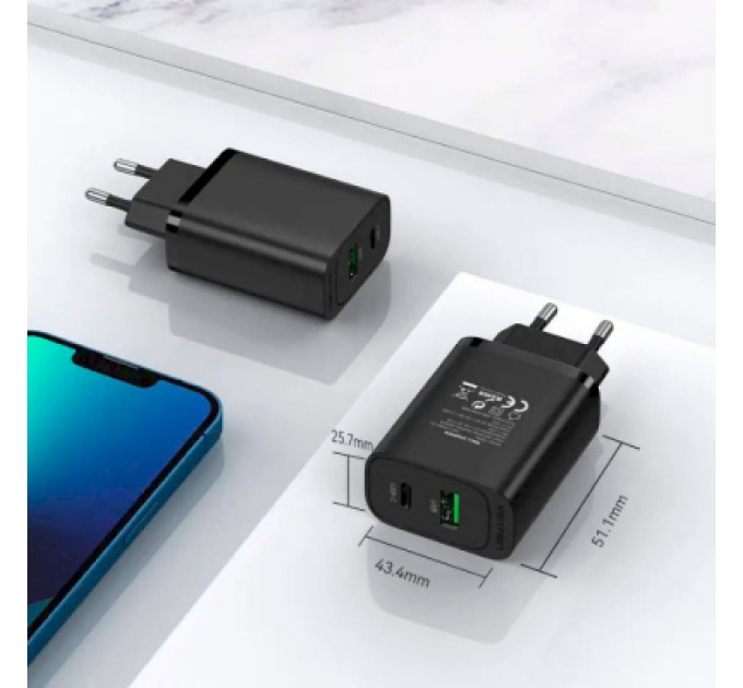 Зарядний пристрій Vention 2xUSB 38W (USB-C+USB-A) PD+QC3.0 black (FBIB0-EU)