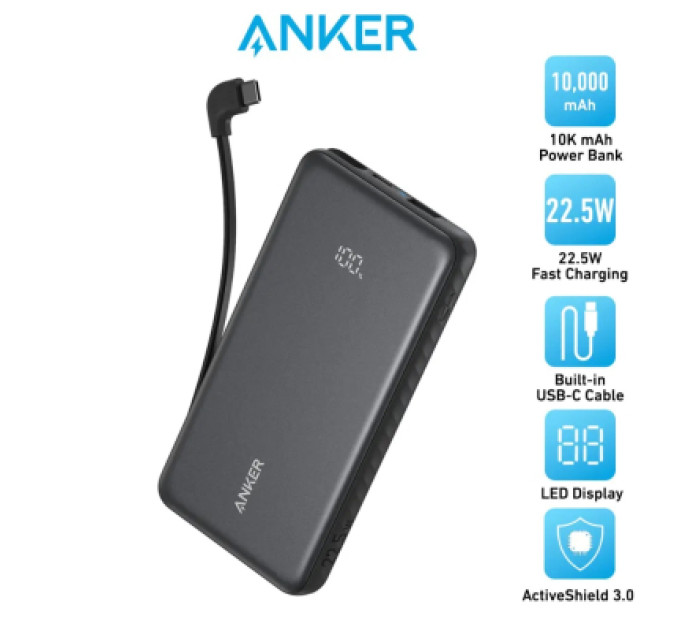 Anker Батарея універсальна Anker 10000mAh, 22.5W, Built-In USB-C Cable, black (A110DH11)