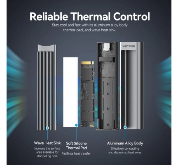 Кишеня зовнішня Vention SSD M.2 (NVME) M-key USB Type-C 3.2 10Gbps Heat Sink Aluminum (KPKH0)