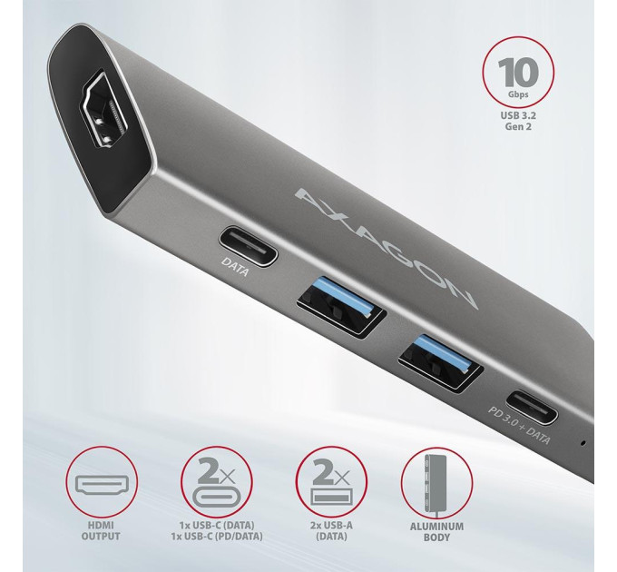 AXAGON Хаб концентратор AXAGON HMC-5G2 USB-C 10Gbps SPEEDSTER 5in1 hub (rev2.0), Grey