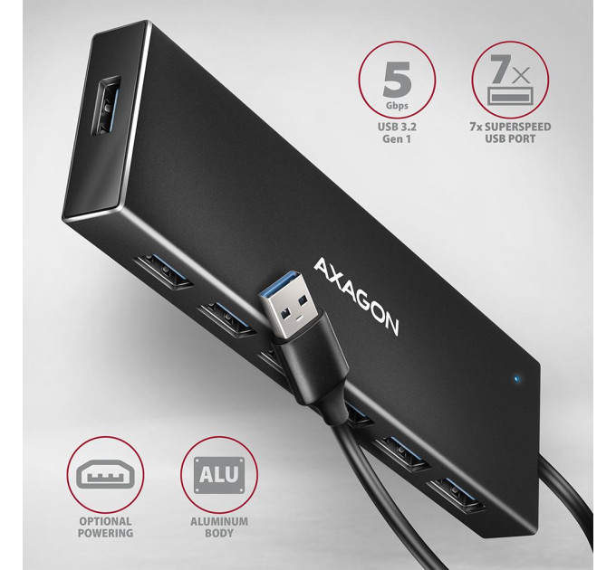 AXAGON Хаб AXAGON HUE-F7A SuperSpeed USB-A FLAT hub, 1m USB-A cable, Black