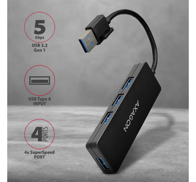AXAGON Хаб AXAGON HUE-G1A SuperSpeed USB SLIM hub, cable 14cm Type-A, Black