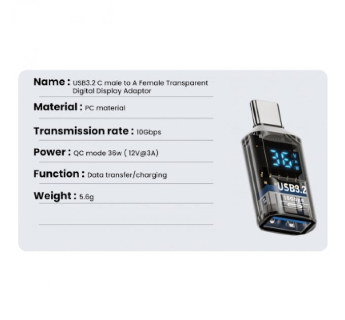 Перехідник OTG USB 3.2 AF to USB-C M 10Gbps QC 36W with display XoKo (AC-322UTC)
