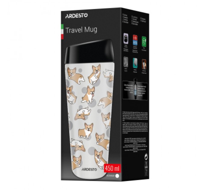 Термокружка Ardesto Coffee Time Animals Corgi 450мл, нержавіюча сталь, сірий (AR2645CR)