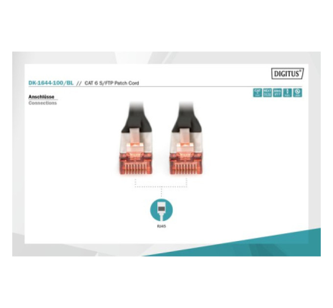Digitus Патч-корд 10м, CAT 6 S-FTP, AWG 27/7, LSZH, black Digitus (DK-1644-100/BL)