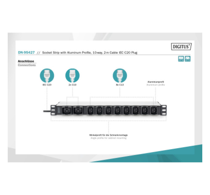 Digitus Силовий блок 19" 1U w/PDU 8xC13, 2xC19, 16A, 250V, вилка C20 Digitus (DN-95427)