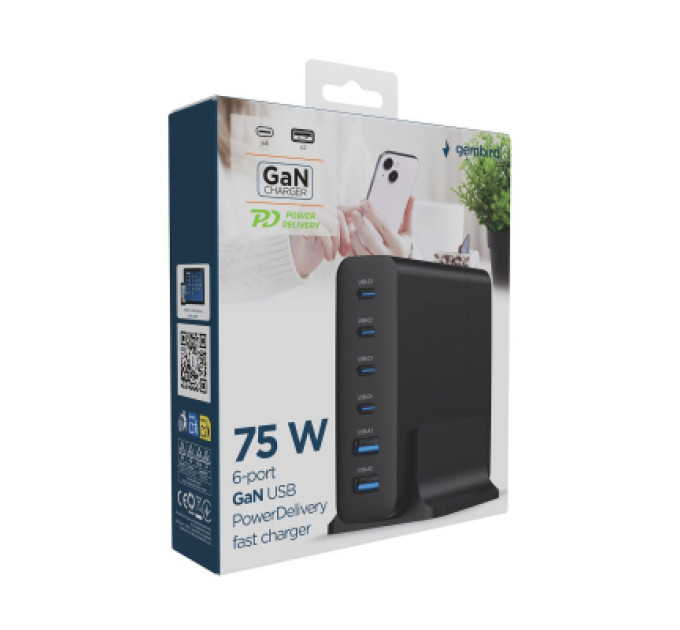 Gembird Зарядний пристрій Gembird 4xUSB-C PD25W + 2xUSB QC3.0 18W black (TA-UC-2A4C-PD75-01-BK)