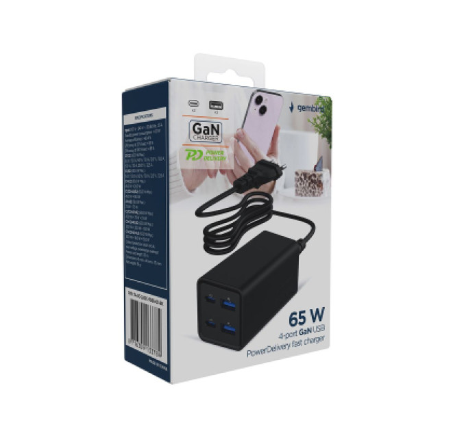 Gembird Зарядний пристрій Gembird 2xUSB-C PD65W + 2xUSB QC3.0 30W black (TA-UC-2A2C-PD65-01-BK)