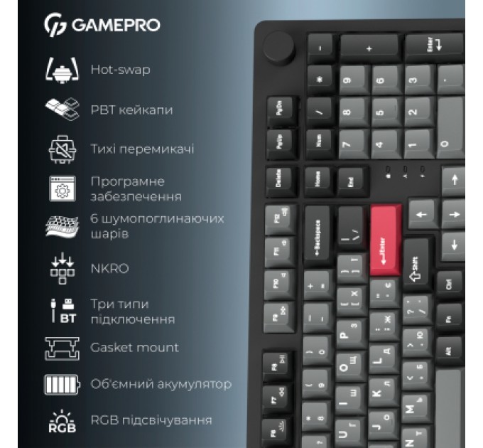 Клавіатура GamePro Asgard Drakkar Keychron Super Red Switch Wireless/Bluetooth/USB UA Black (MK305BK)