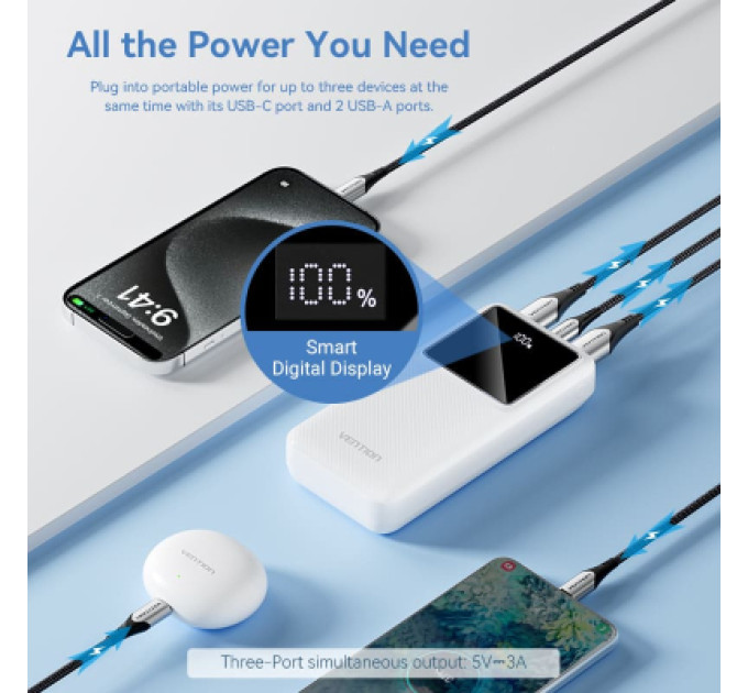Vention Батарея універсальна VENTION 20000mAh Power Bank (Micro-USB + USB-C + USB-A + USB-A) 22.5W Black LED Display Type (FHLB0)