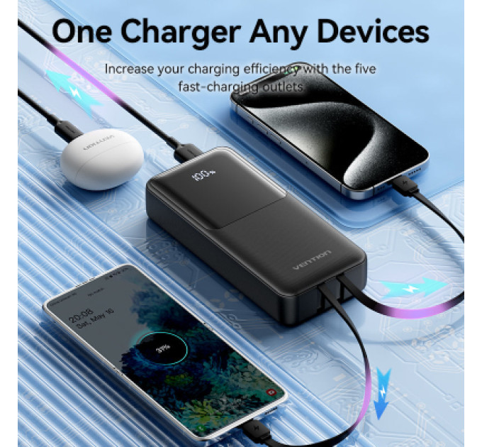 Vention Батарея універсальна VENTION 20000mAh Power Bank (Micro-USB + USB-C + USB-A + USB-A) with Built-in USB-C and Lightning Cables (FHPB0)