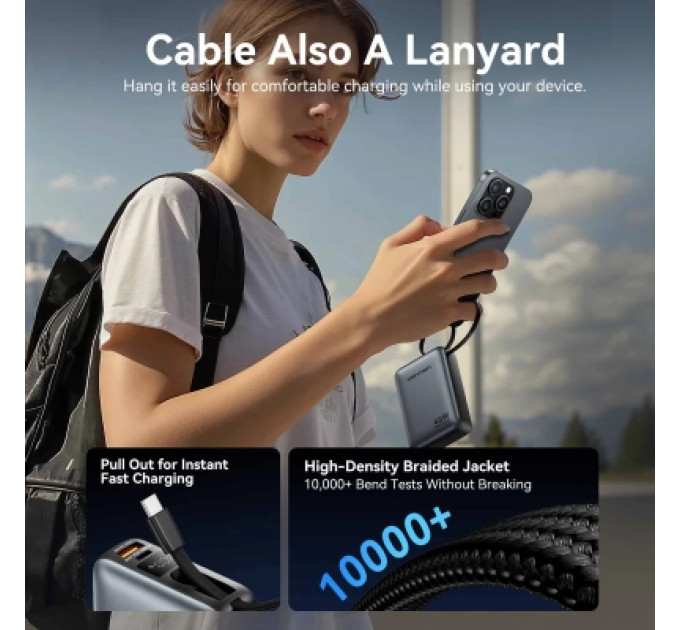 Vention Батарея універсальна VENTION 20000mAh Mini Power Bank (USB-C + USB-C/USB-A) with Built-in USB-C Cable 45W Gray (FHGH0)