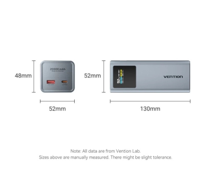 Vention Батарея універсальна VENTION 20000mAh Power Bank (USB-C + USB-C/USB-A) 100W Gray TFT Display Type (FKCH0)