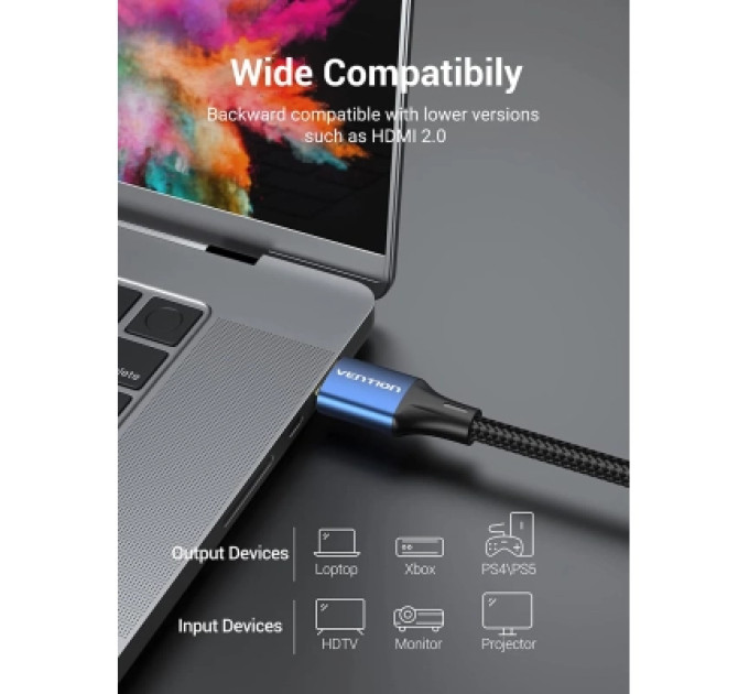 Vention Кабель мультимедійний Cotton Braided HDMI-A Male to Male HD Cable 8K 5M Blue Aluminum Alloy Type VENTION (ALGLJ)