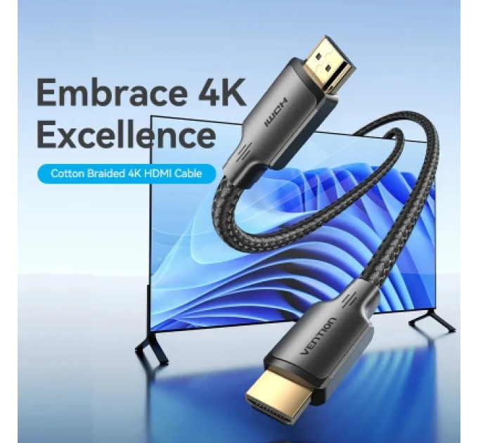 Vention Кабель мультимедійний Cotton Braided 4K HDMI Male to Male Cable 2M Black VENTION (ALLBH)