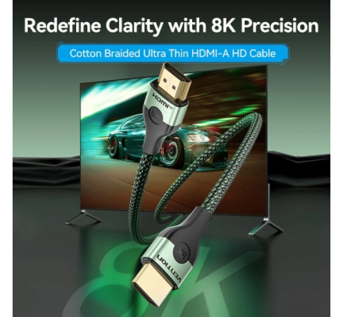 Vention Кабель мультимедійний Cotton Braided Ultra Thin HDMI-A Male to Male HD Cable 8K 1M Green Aluminum Alloy Type VENTION (ALOGF)