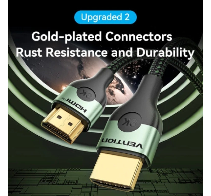 Vention Кабель мультимедійний Cotton Braided Ultra Thin HDMI-A Male to Male HD Cable 8K 1M Green Aluminum Alloy Type VENTION (ALOGF)