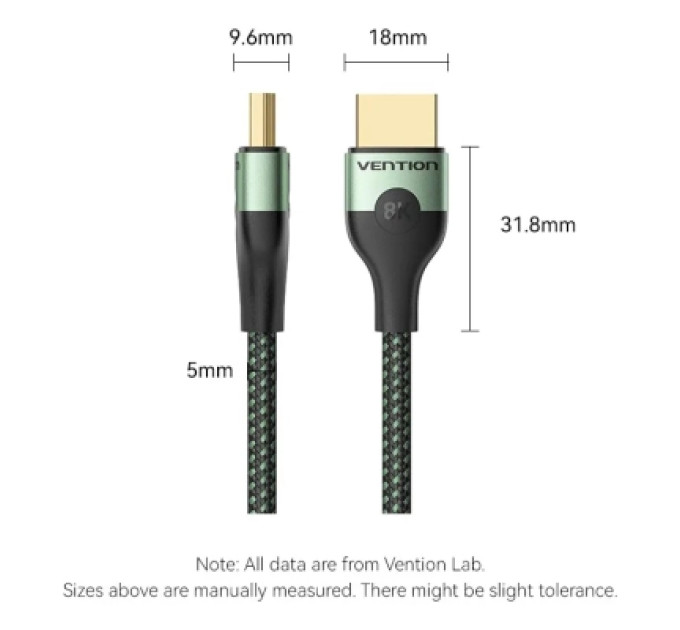 Vention Кабель мультимедійний Cotton Braided Ultra Thin HDMI-A Male to Male HD Cable 8K 1M Green Aluminum Alloy Type VENTION (ALOGF)