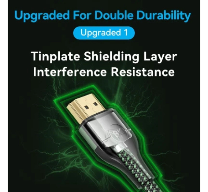 Vention Кабель мультимедійний Cotton Braided Ultra Thin HDMI-A Male to Male HD Cable 8K 1.5M Green Aluminum Alloy Type VENTION (ALOGG)
