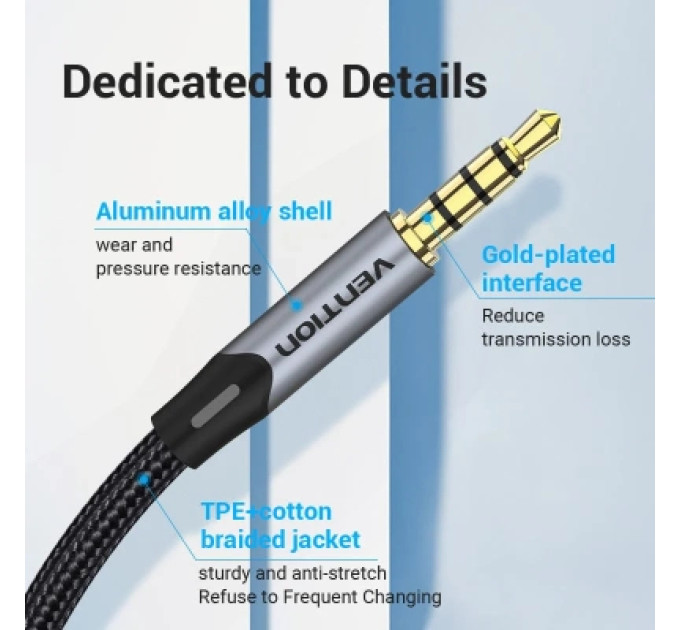 Vention Кабель мультимедійний TRRS 3.5MM Male to Male Aux Cable 1M Gray VENTION (BAQHF)