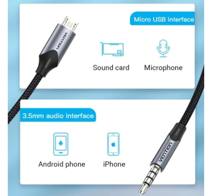 Vention Кабель мультимедійний Micro USB Male to TRRS 3.5mm Male Audio Cable 1M Black VENTION (BDGBF)