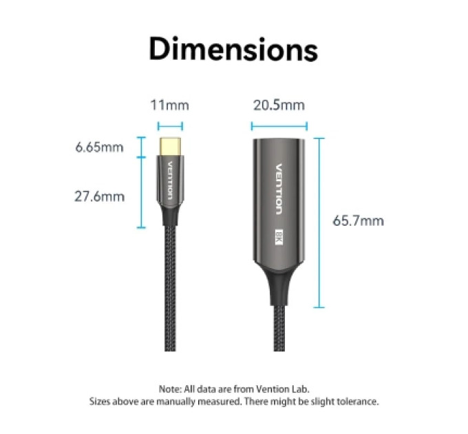 Vention Кабель мультимедійний Cotton Braided USB-C to DP 8K Converter 0.25M Black Zinc Alloy Type VENTION (CRGBC)