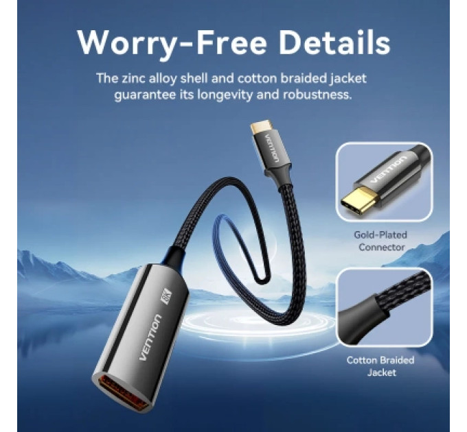Vention Кабель мультимедійний Cotton Braided USB-C to DP 8K Converter 0.25M Black Zinc Alloy Type VENTION (CRGBC)