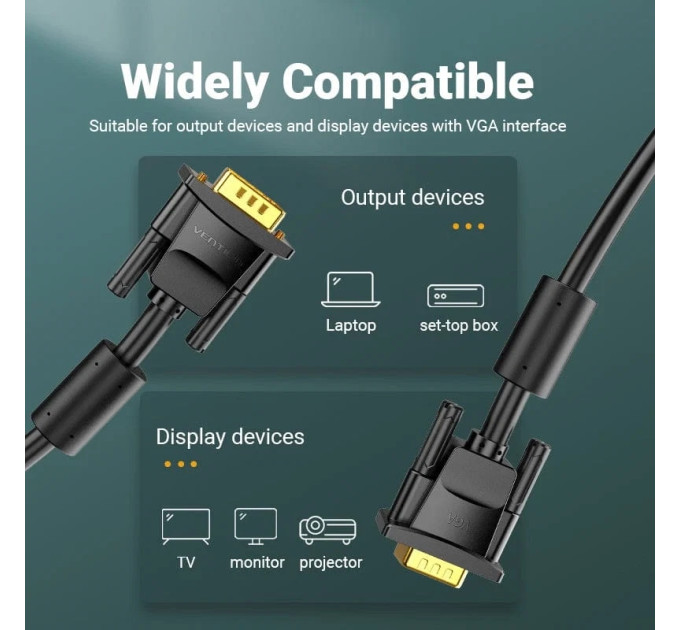 Vention Кабель мультимедійний VGA(3+6) Male to Male Cable with ferrite cores 5M Black VENTION (DAEBJ)