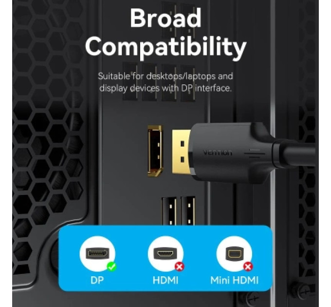 Vention Кабель мультимедійний DisplayPort Male to Male 4K HD Cable 1M Black VENTION (HAKBF)