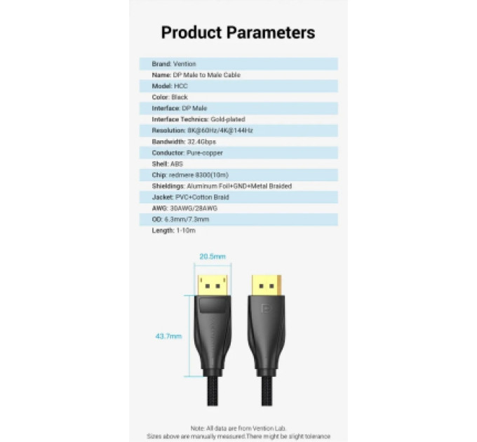 Vention Кабель мультимедійний Cotton Braided DP Male to Male Cable 1.5M Black VENTION (HCCBG)